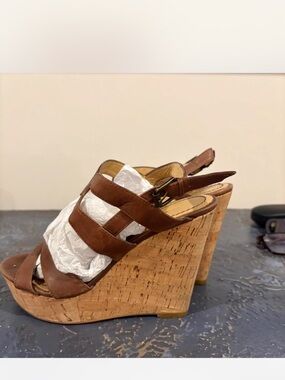 Guess Brown Leather Strappy Cork Wedge Sandals